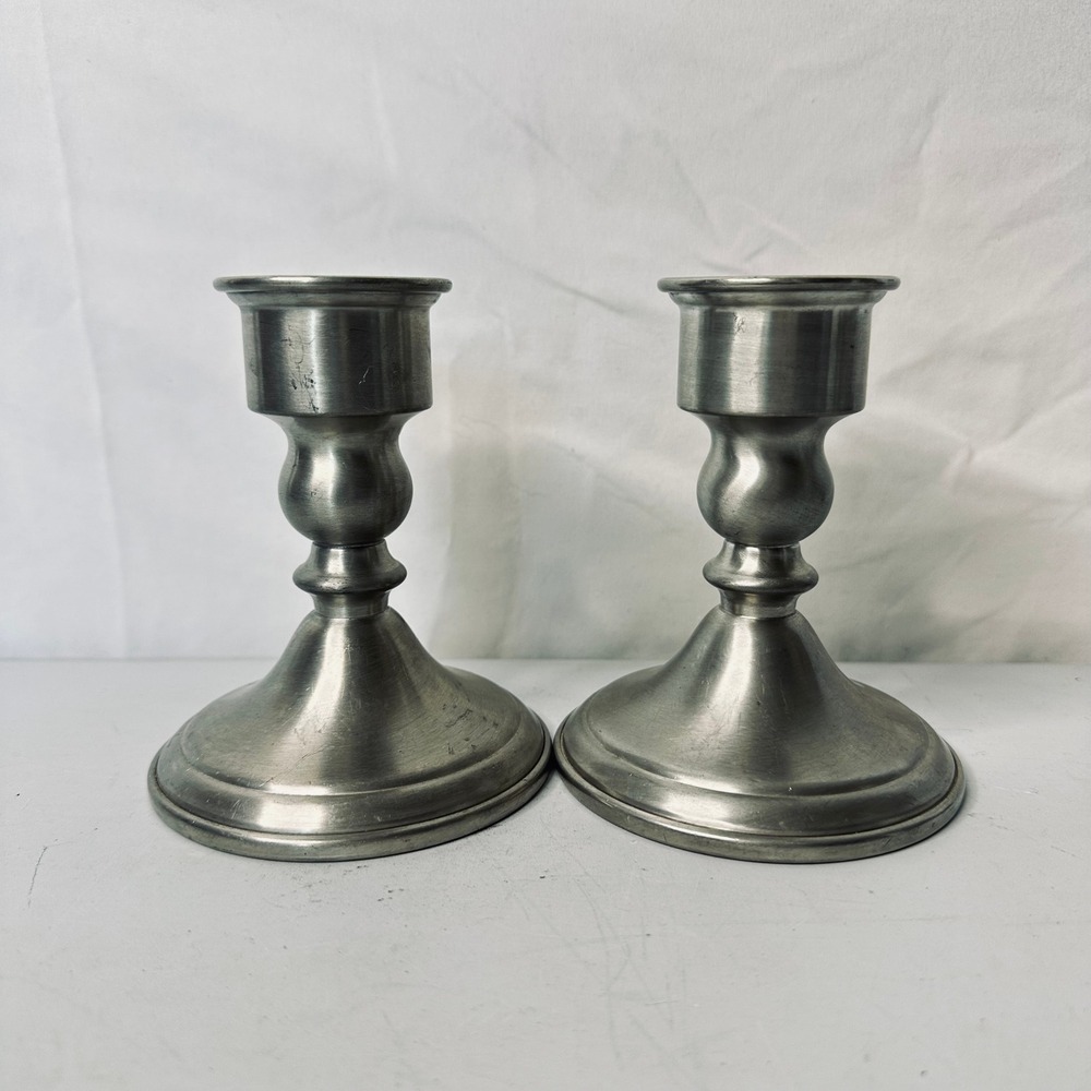 Web Pewter Weighted Candlesticks Pair Traditional Silver Taper Holders 4.5 Inch